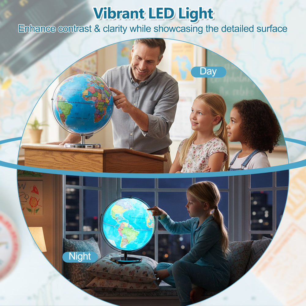 13-inch illuminated world globe with LED light, showcasing detailed geography for learning and decoration in any space.