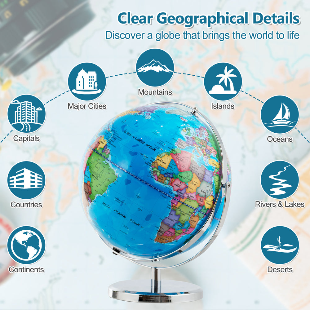 13-inch illuminated world globe with 720° rotation, featuring colorful geographic details for educational use and.