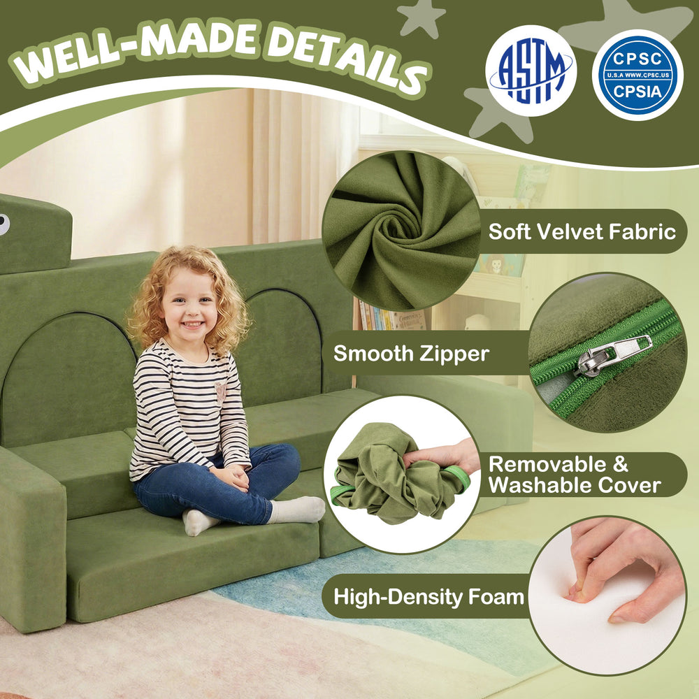 Modular kids play couch featuring soft velvet fabric, removable cover, and high-density foam for comfort and support.