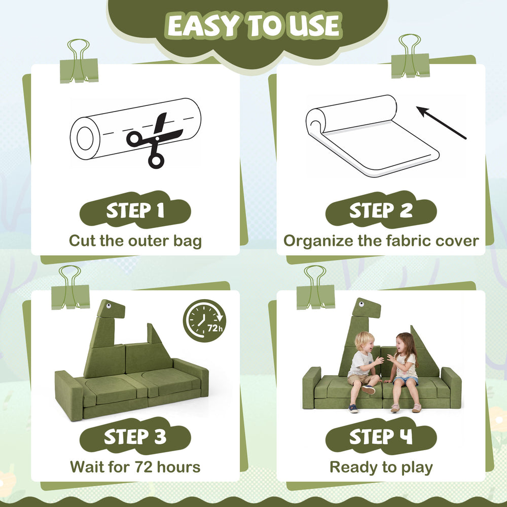 Step-by-step guide for the 13 Pieces Modular Kids Play Couch setup, showcasing easy assembly and usage instructions.
