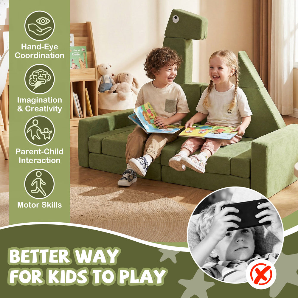 Modular kids play couch in green velvet, featuring soft foam support, perfect for inspiring creativity and family.