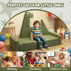 Modular kids play couch in green velvet, featuring dinosaur design, perfect for inspiring creativity and family bonding.