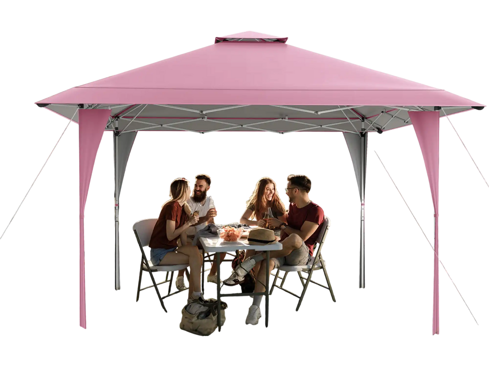 Pink 13 x 13 ft pop-up gazebo with extended eaves, providing shade for outdoor gatherings and easy transport.