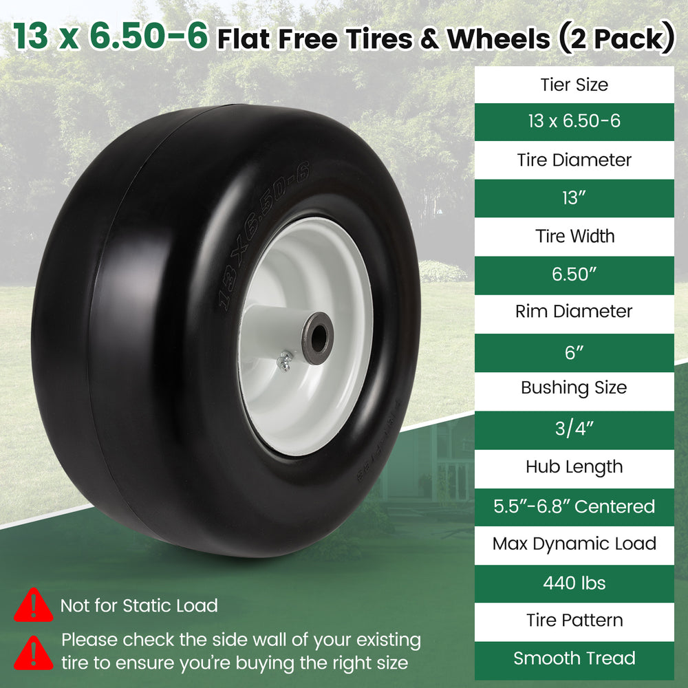 13 x 6.50-6 flat free tires with solid rubber construction, smooth tread for riding mowers and garden carts.