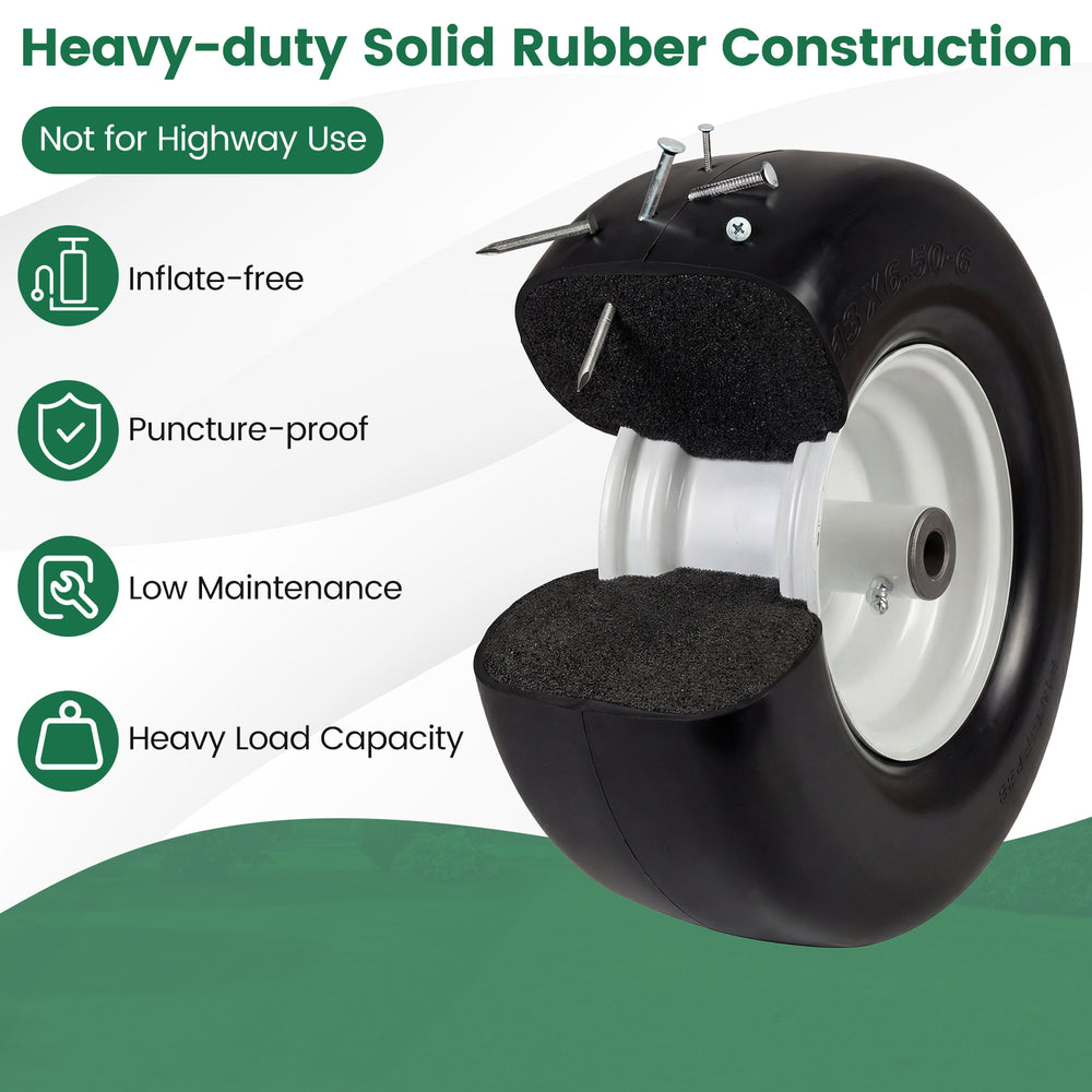 Solid rubber construction of 13 x 6.50-6 flat free tire, designed for heavy load capacity and low maintenance use.