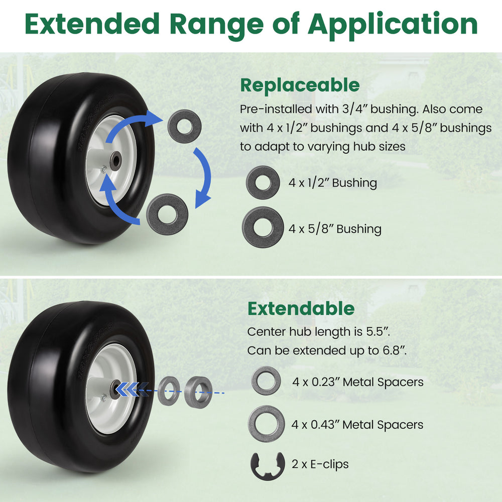 13 x 6.50-6 flat free tires with solid rubber construction, featuring replaceable bushings and extendable hub length.