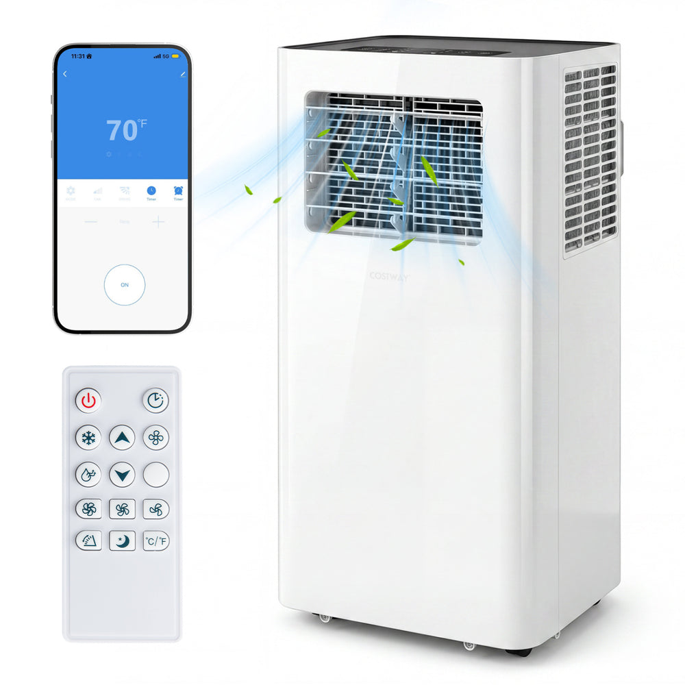14000 BTU smart air conditioner with remote control, featuring cooling, fan, and dry functions for efficient room.