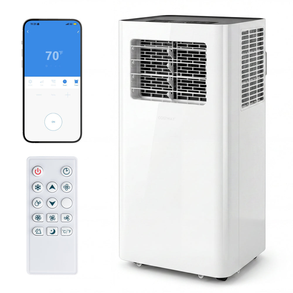 14000 BTU smart AC unit with Wi-Fi, remote control, and window kit for efficient cooling in larger rooms.