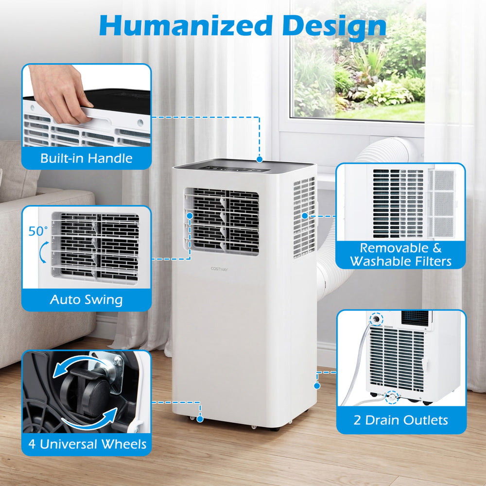 14000 BTU smart AC unit with Wi-Fi, featuring a built-in handle, 4 wheels, and removable filters for easy maintenance.