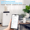 14000 BTU portable air conditioner in white with smartphone control app, ideal for living rooms and bedrooms.