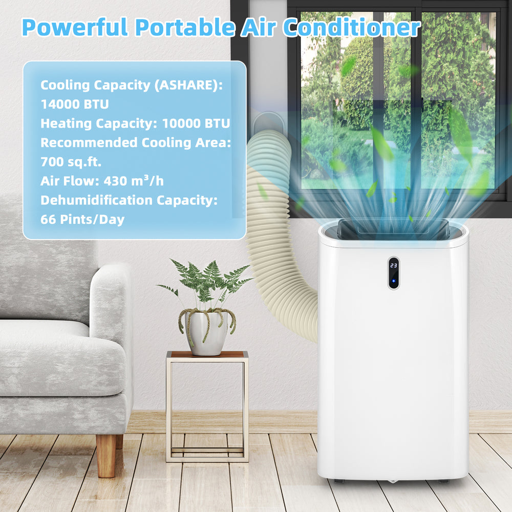 14000 BTU portable air conditioner in white with WiFi control, ideal for cooling large living areas and quiet operation.