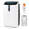 Smart portable AC unit with 14000 BTU, remote control, and app for cooling, dehumidifying, and fan functions.
