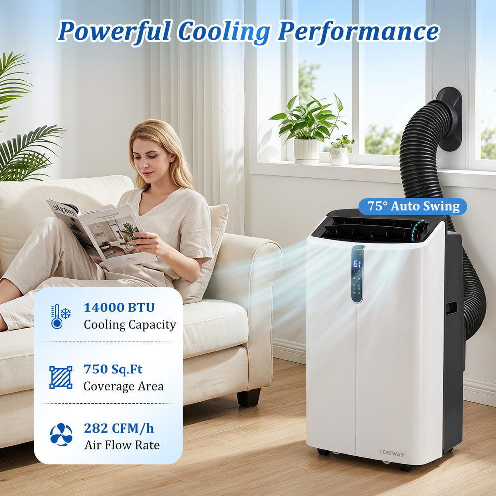 14000 BTU smart portable AC unit with 75° auto swing, designed for rooms up to 750 Sq.Ft for efficient cooling.