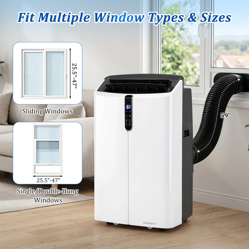 14000 BTU smart portable AC in black with voice control, designed for rooms up to 750 sq. ft. and fits multiple window types.