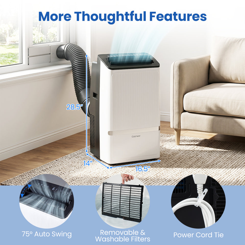 14000 BTU WiFi enabled portable air conditioner with dehumidifier, featuring a 24H timer and removable filters for easy maintenance.