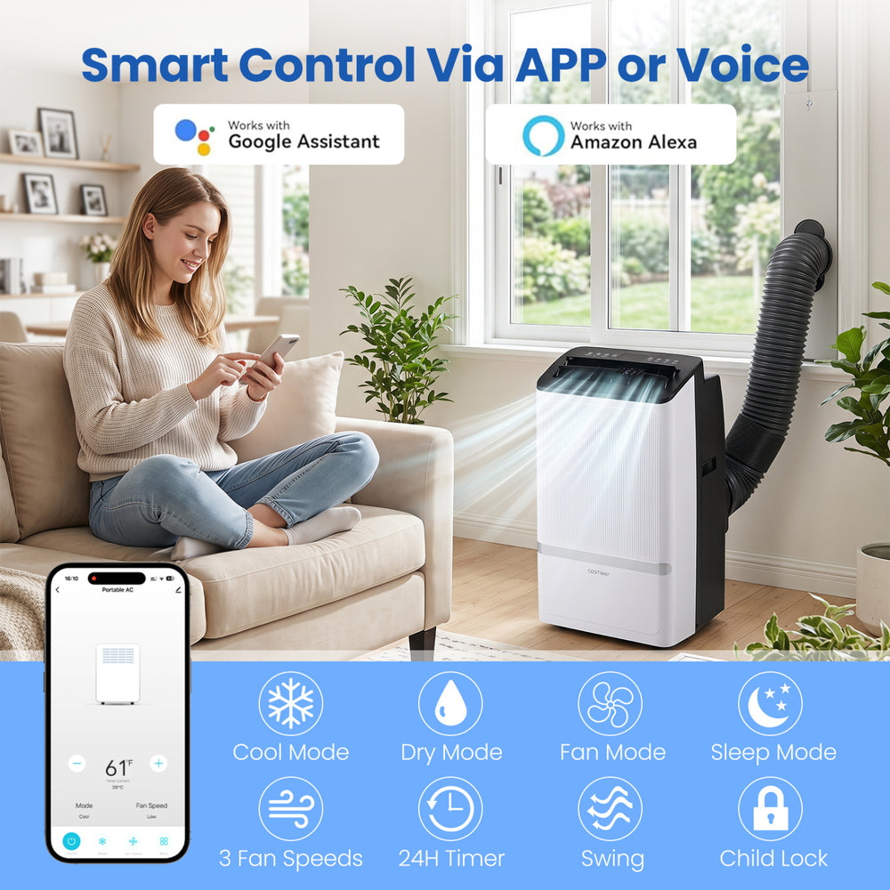 Portable 14000 BTU air conditioner in black with WiFi control, 3-in-1 functionality, and 24H timer for year-round comfort.