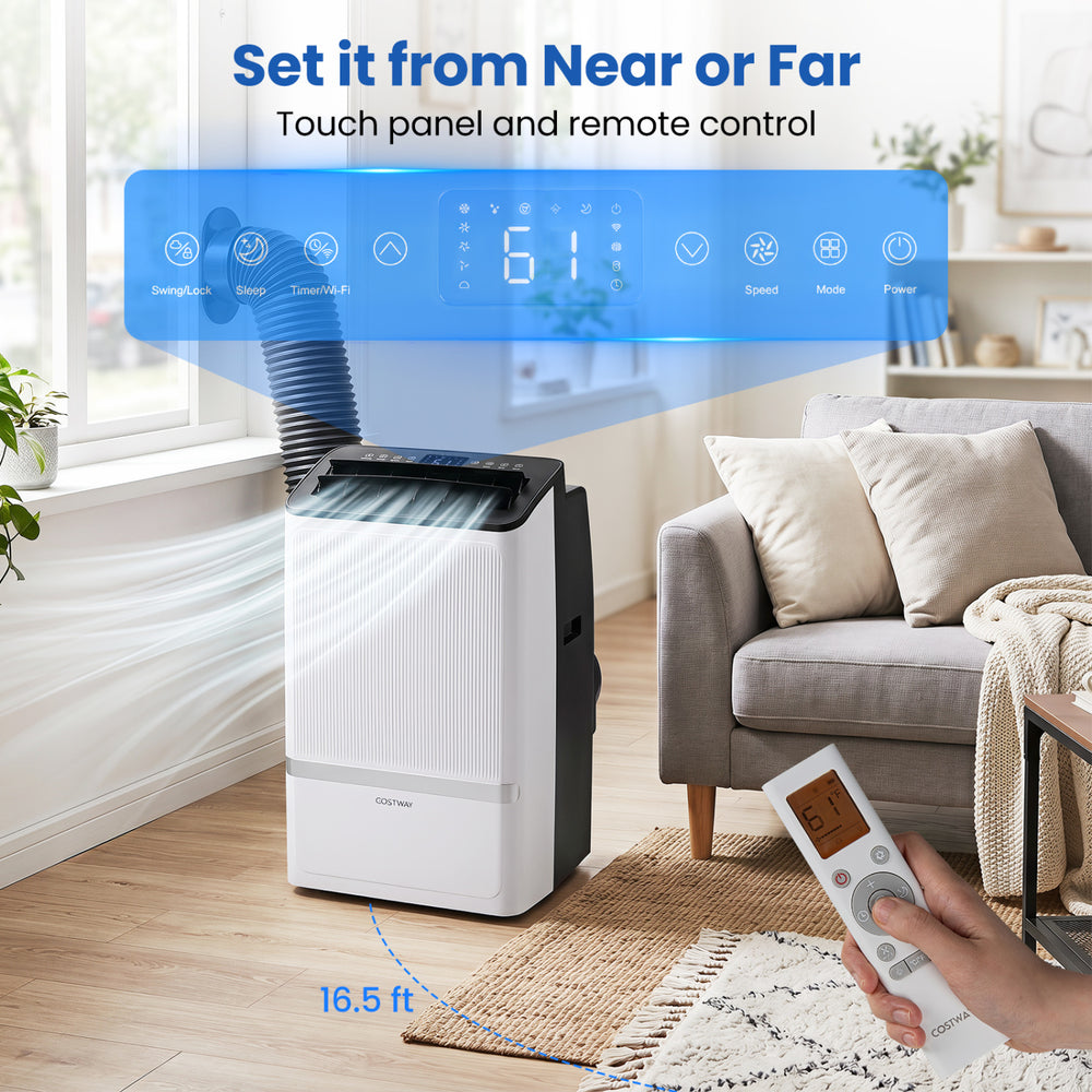 Portable air conditioner with WiFi, 14000 BTU, featuring touch panel, remote control, and 3-in-1 functionality for year-round comfort.