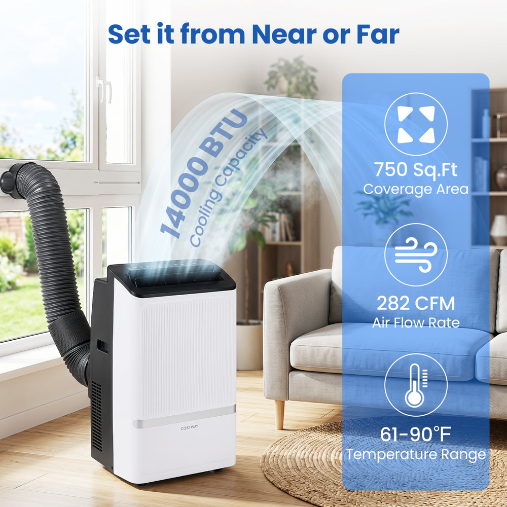 14000 BTU WiFi enabled portable air conditioner with dehumidifier, ideal for cooling up to 750 sq. ft. spaces.
