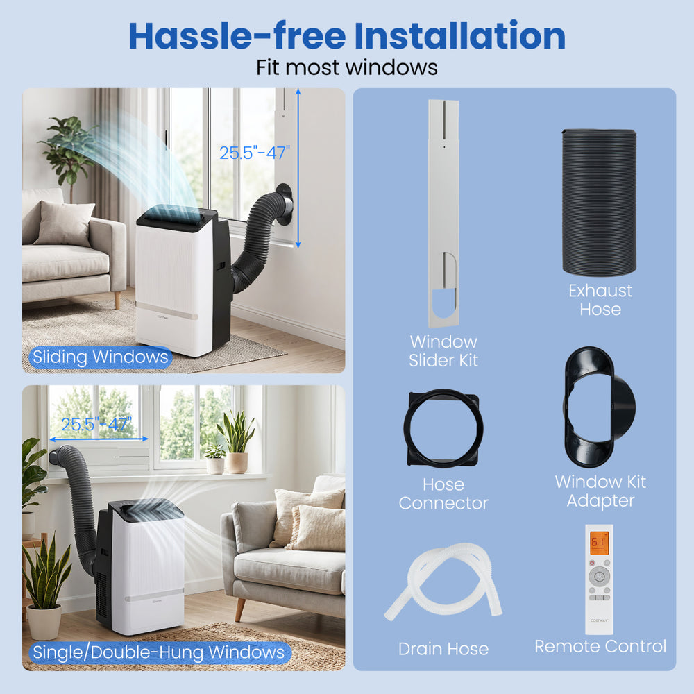 Portable air conditioner with WiFi, 14,000 BTU, suitable for various window types, featuring remote control and 24H timer.