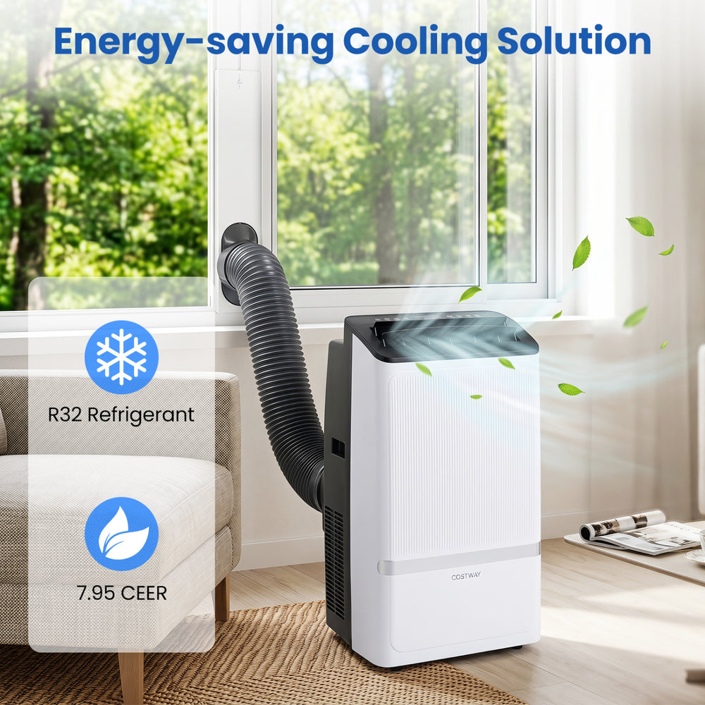 Portable air conditioner with 14000 BTU, R32 refrigerant, and WiFi control for efficient cooling and dehumidifying.