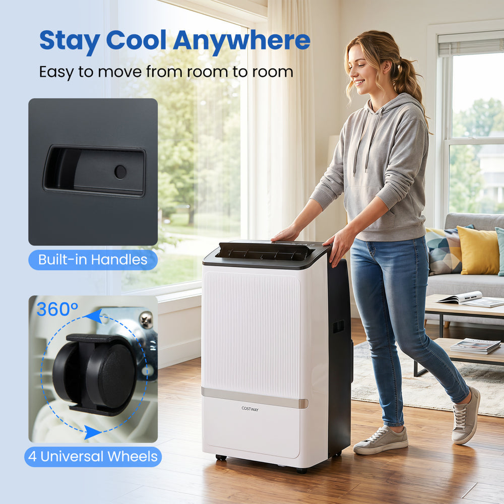 Portable 14000 BTU air conditioner with WiFi, built-in handles, and wheels for easy movement between rooms.