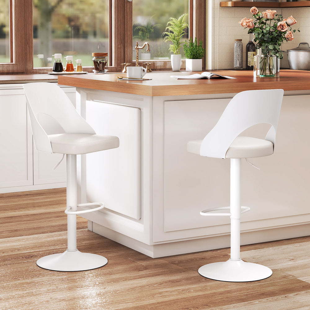 Bar Stools Set of 2 with Enlarged PU Leather Seat and Footrest-White - Gallery View 1 of 9