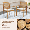Side view of outdoor patio dining chair showcasing natural acacia wood frame and ergonomic slatted backrest for comfort.