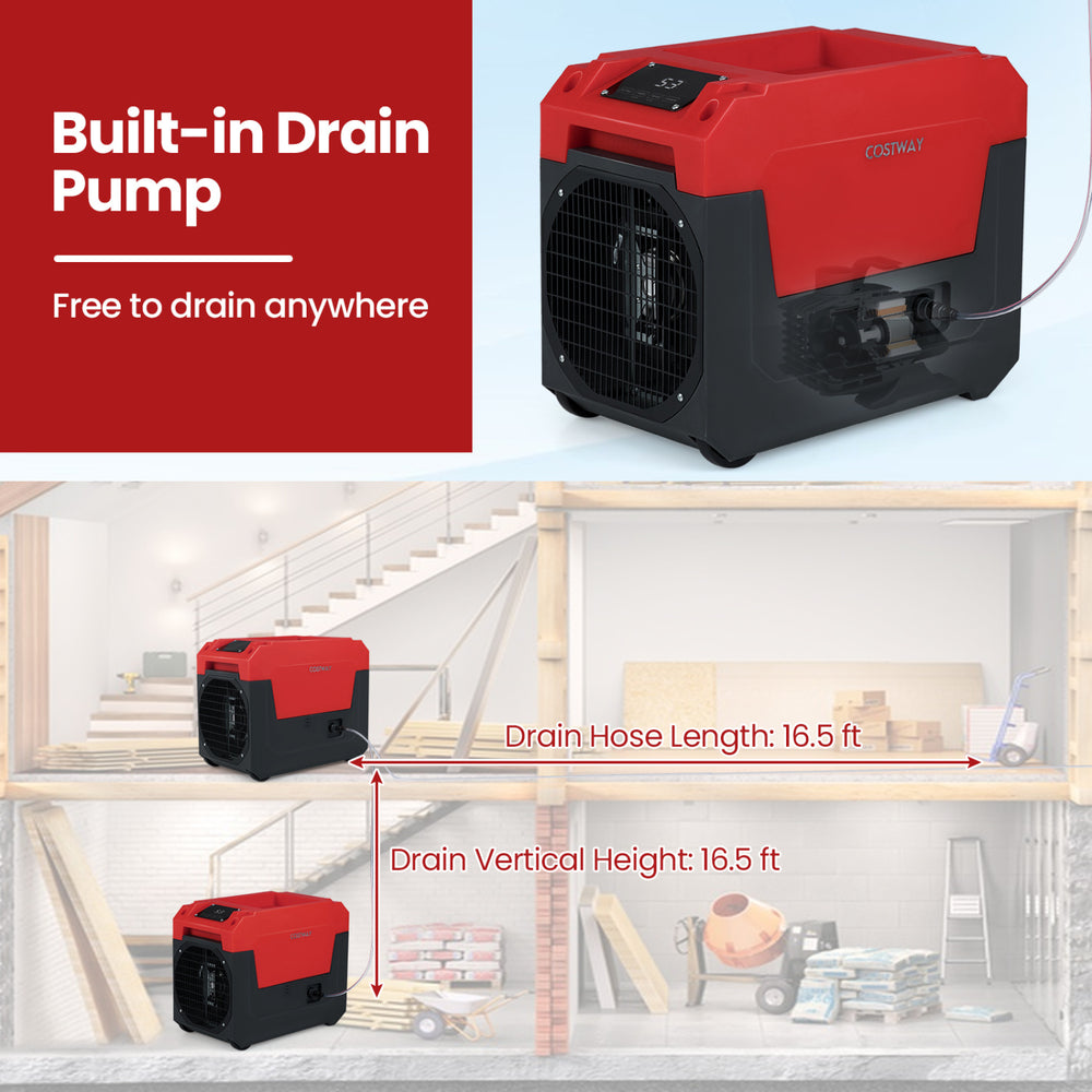 140 Pints commercial dehumidifier with built-in pump and 16.5 ft drain hose, ideal for large spaces and easy drainage.