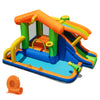 Colorful 8-in-1 jumping castle with slide and pool, featuring climbing wall, water cannon, and basketball hoop for.