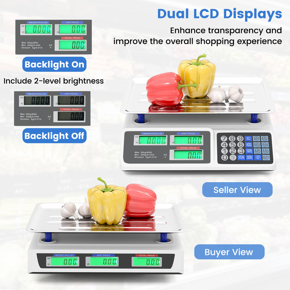Dual LCD displays of the 66lb price computing scale, featuring backlight and shortcut buttons for efficient food.
