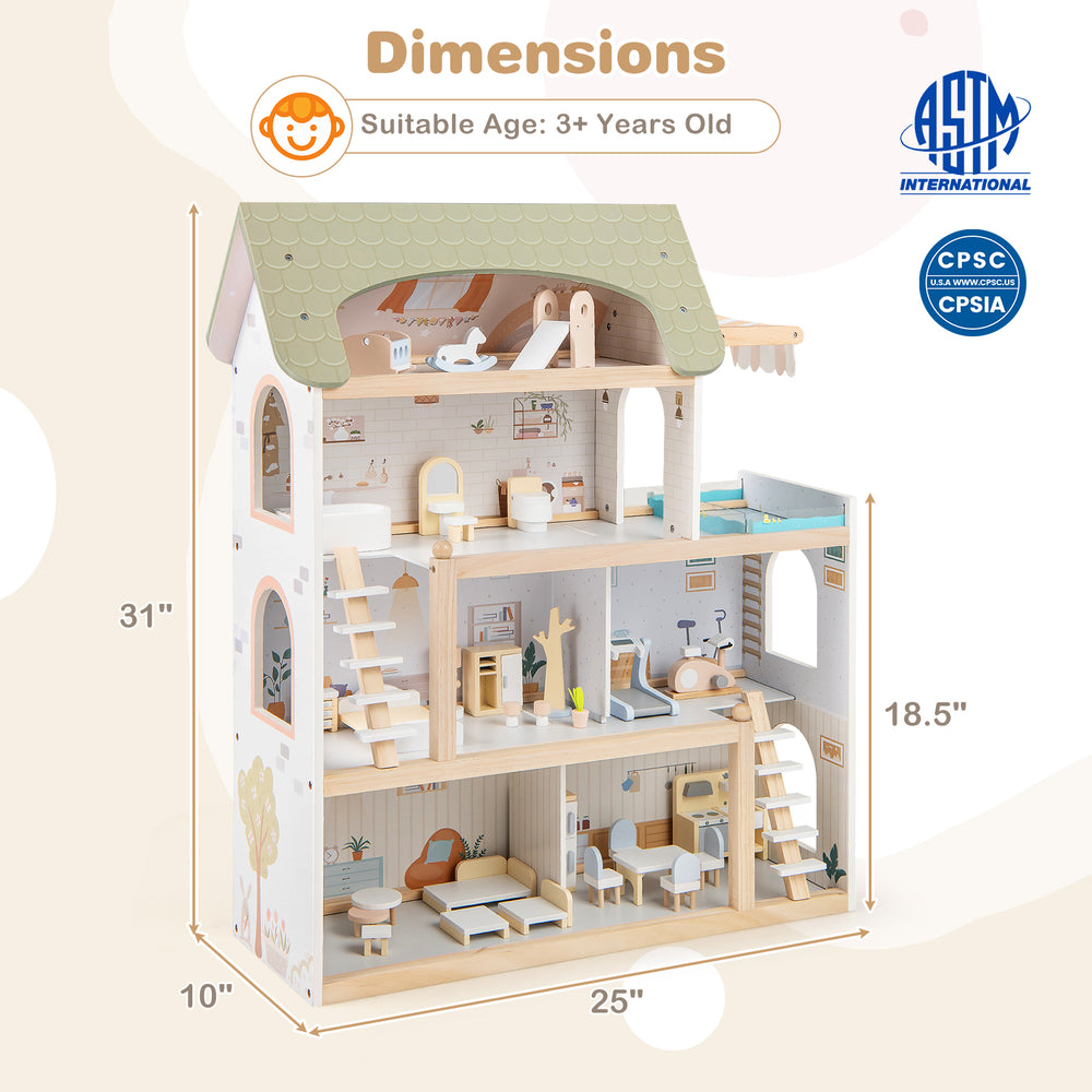 Wooden dollhouse with 33 furniture pieces, featuring movable stairs and a robust structure for kids aged 3 and up.