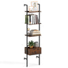 Ladder bookcase with rustic brown finish, showcasing decor on 4 shelves and featuring a convenient pull-out drawer.