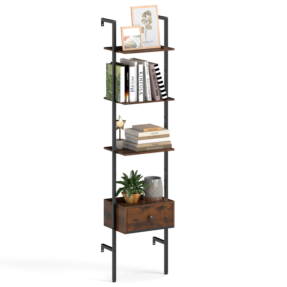 Ladder bookcase with rustic brown finish, showcasing decor on 4 shelves and featuring a convenient pull-out drawer.