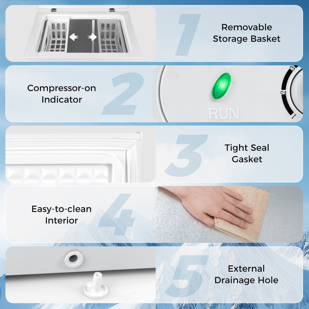 Compact chest freezer with removable storage basket, adjustable temperature, and external drainage hole for easy.