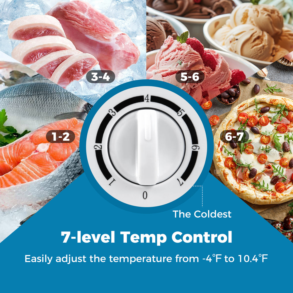Compact chest freezer with 7-level temperature control, adjustable from -4°F to 10.4°F, ideal for efficient storage.