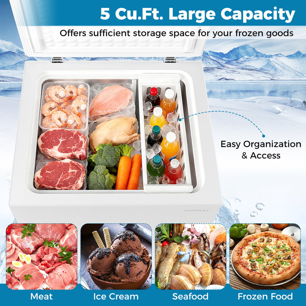5 Cu.Ft compact chest freezer showcasing organized storage of frozen food items, ideal for efficient space use.