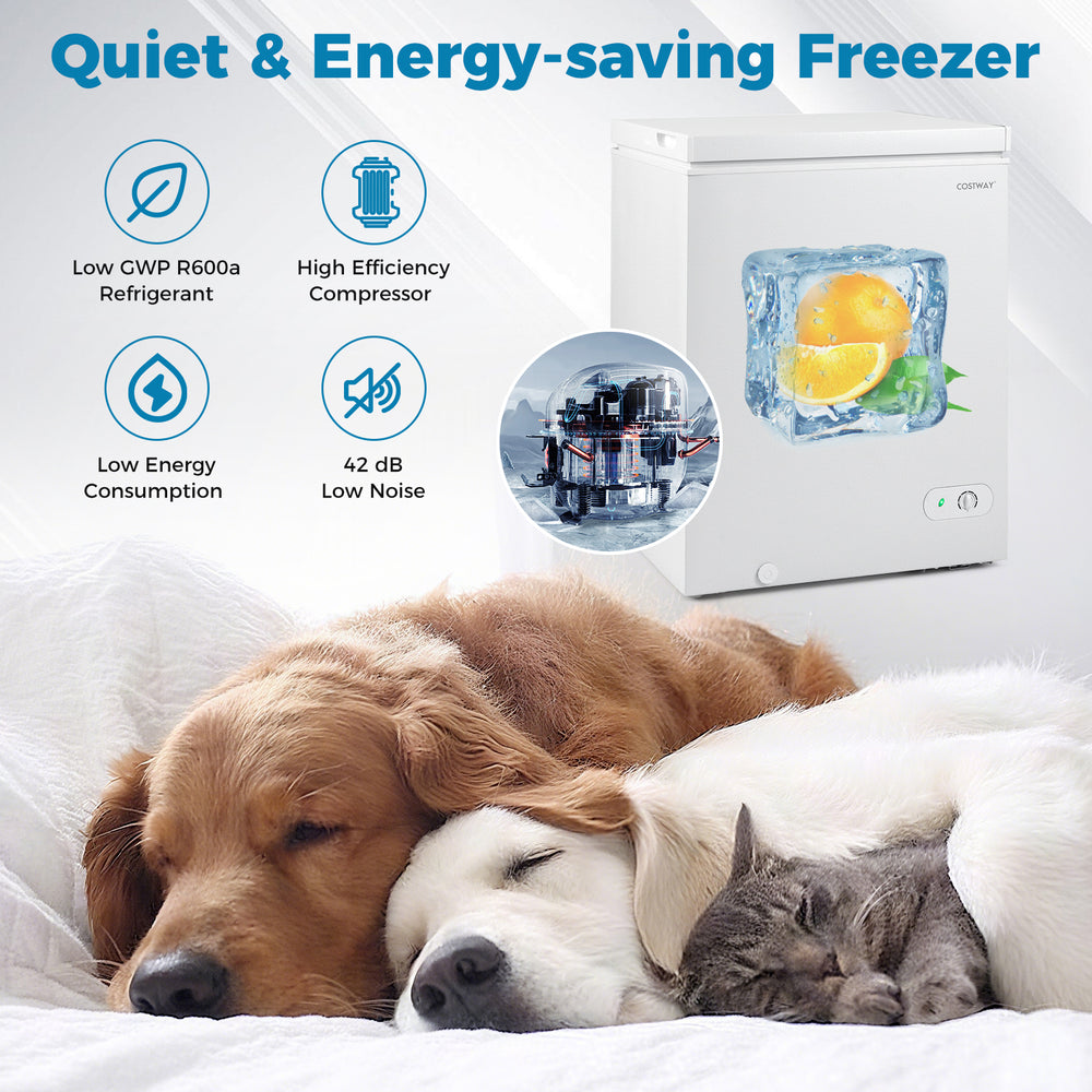 Compact chest freezer with 7-level adjustable temperature, low noise at 42 dB, ideal for kitchens or dorms.