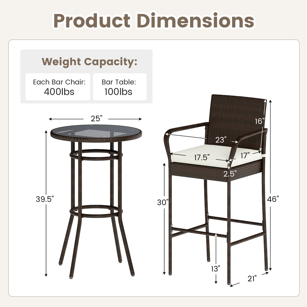 Bar height table and chair set with PE wicker, cushions, and tempered glass top, perfect for porch or patio use.