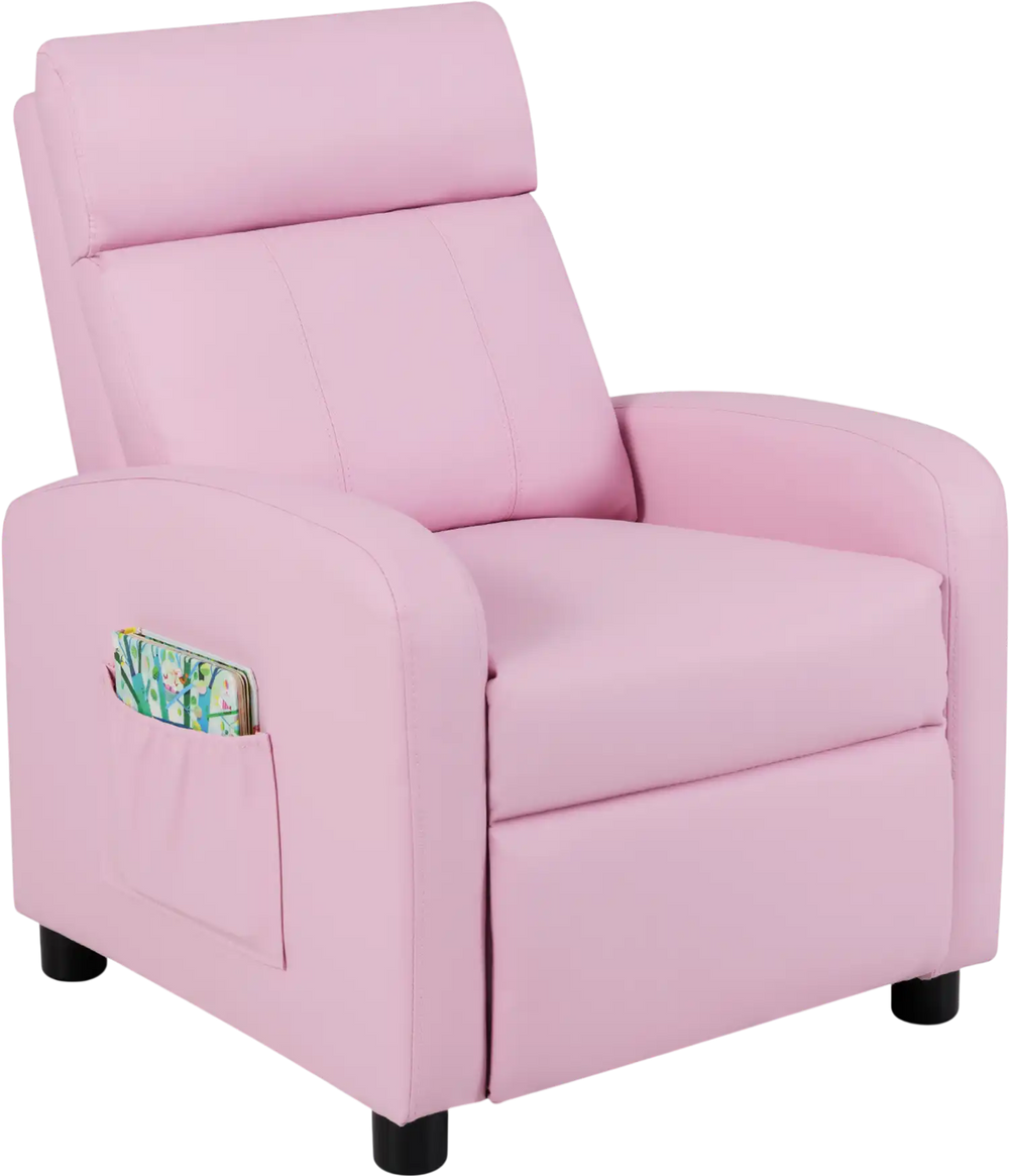 Pink ergonomic PU leather kids recliner lounge sofa with adjustable backrest, side pocket, and sturdy wooden frame for.