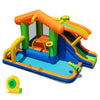 Colorful 8-in-1 jumping castle with slide, climbing wall, and pool, perfect for wet and dry play for kids.