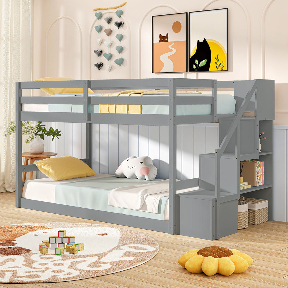 Twin Over Twin Low Bunk Bed with Storage Stairs Solid Wood Floor Bunk Bed Frame-Gray - Gallery View 1 of 10