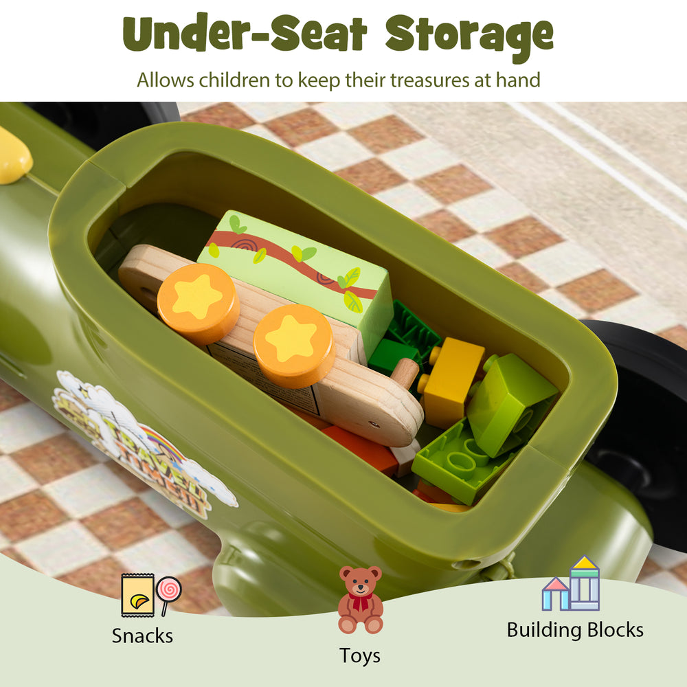 Under-seat storage in the green ride-on toy holds snacks and building blocks for fun and organized play.