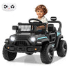 Battery-powered black kids' ride-on truck with remote control, LED headlights, and safety features for secure driving.