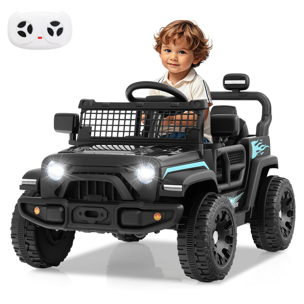 Battery-powered black kids' ride-on truck with remote control, LED headlights, and safety features for secure driving.