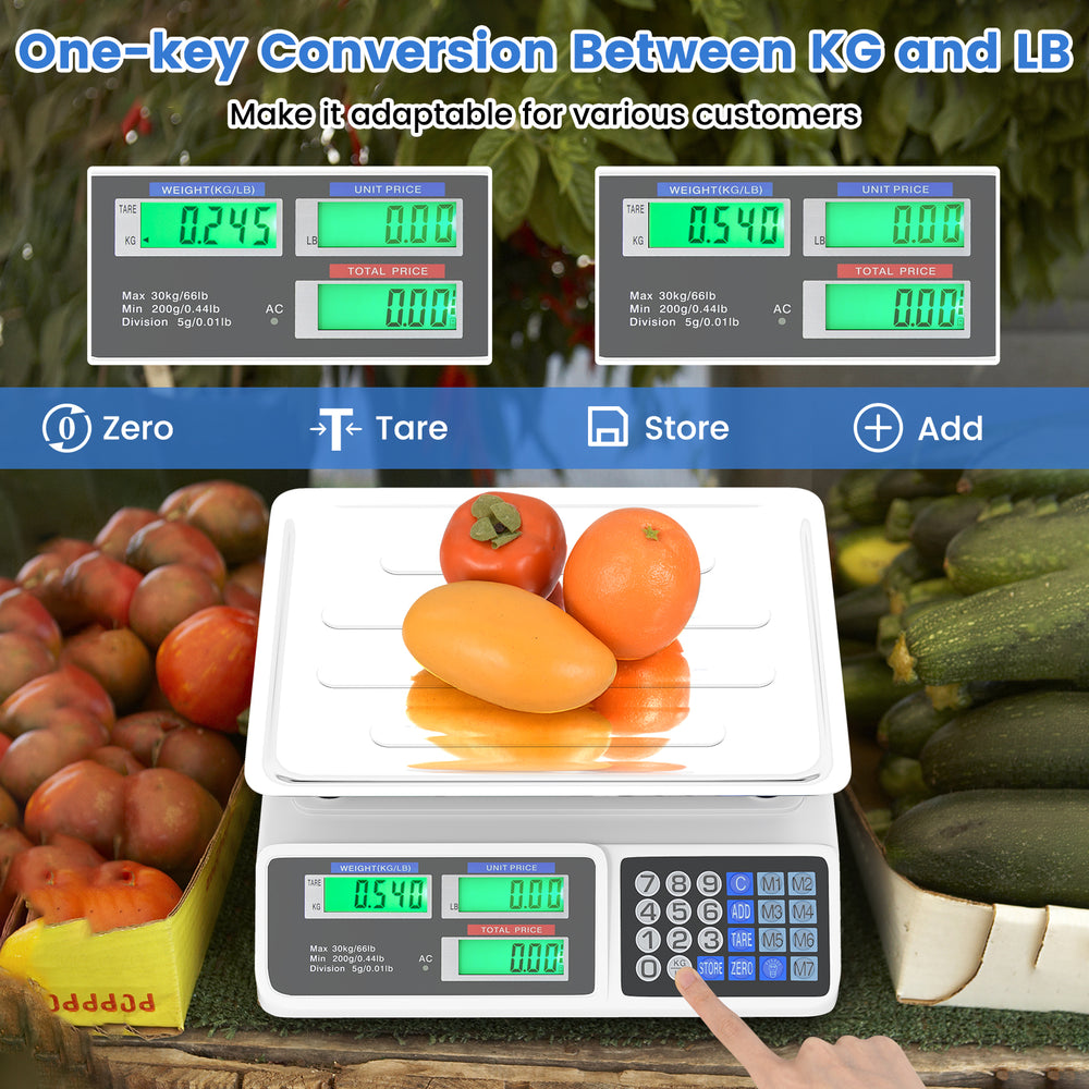 Commercial food scale with dual LCD displays, 66 lb capacity, stainless steel platform, ideal for farmers markets.