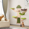 Wall-mounted cat tower with green padded platforms and hammock, designed for play and relaxation in small spaces.