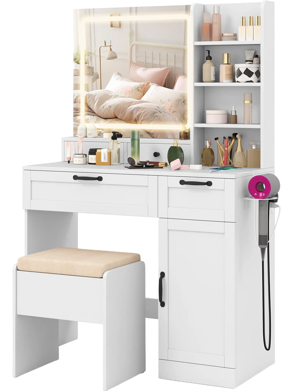 White vanity set with mirror, adjustable lighting, and storage, featuring a comfy stool for makeup organization.