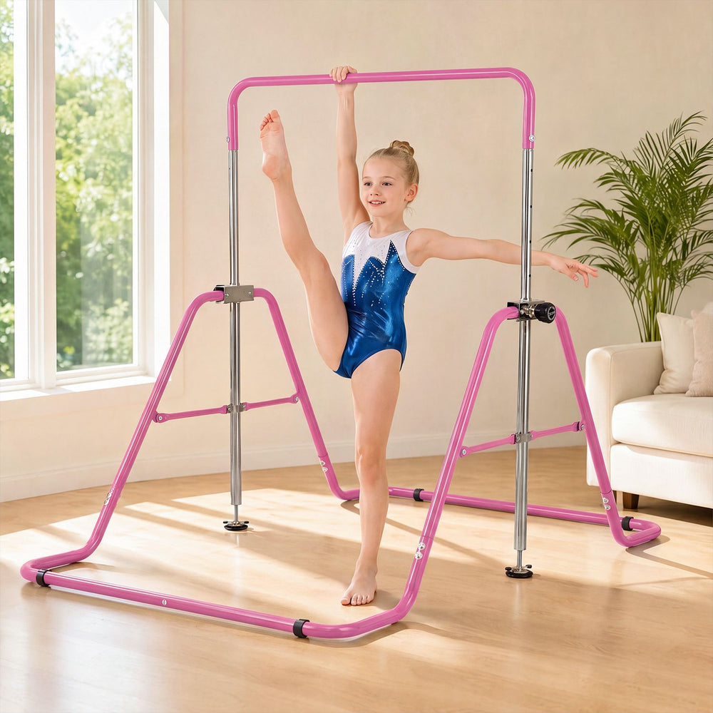 Adjustable pink kids gymnastics bar with 5 height levels for safe practice, supporting up to 143 lbs for young gymnasts.