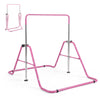 Adjustable pink kids gymnastics bar with five height levels, supporting up to 143 lbs for safe practice and storage.