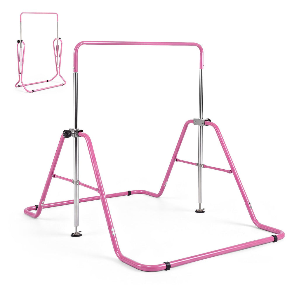 Adjustable pink kids gymnastics bar with five height levels, supporting up to 143 lbs for safe practice and storage.